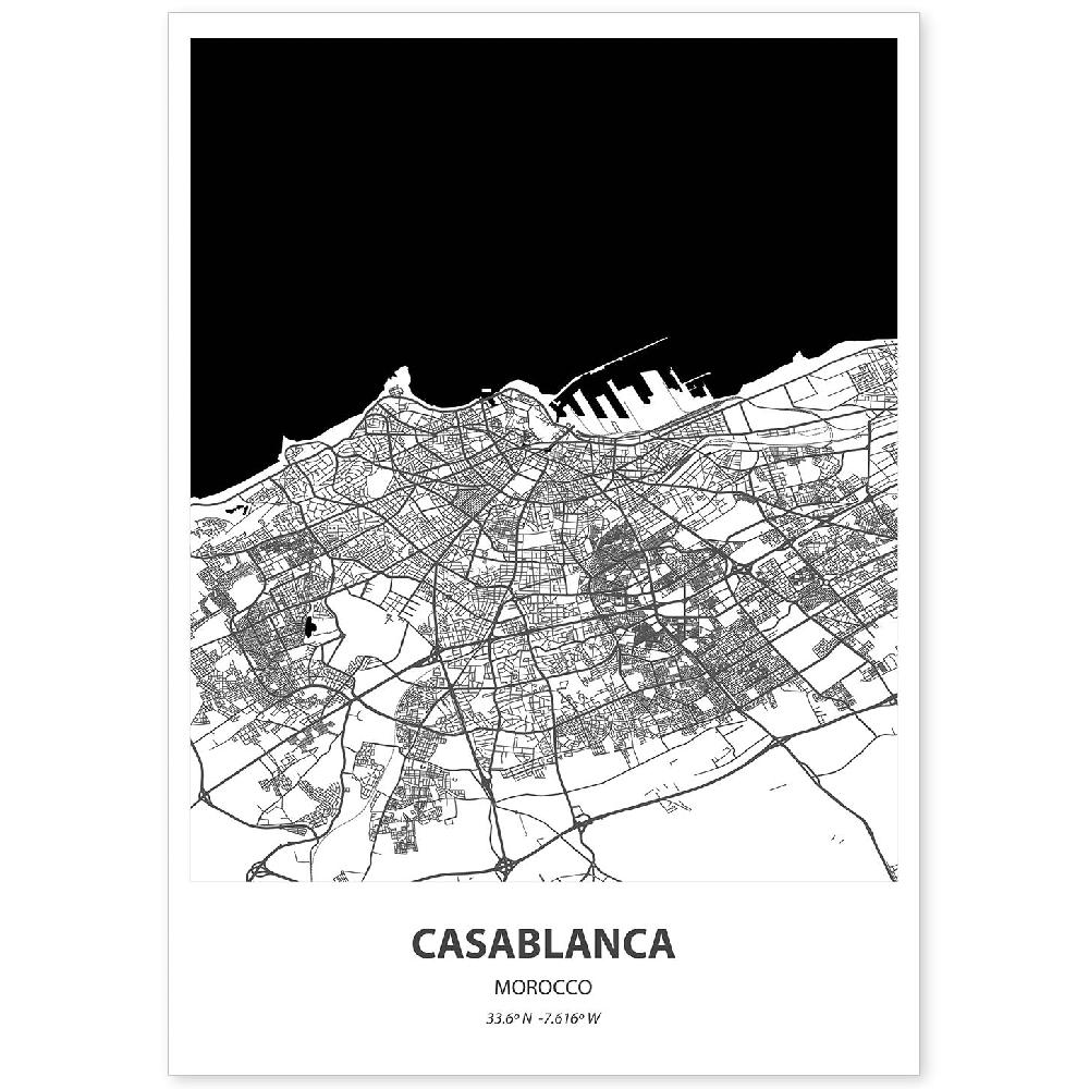 nacnic Lámina de Mapa de Casablanca Marruecos en Negro