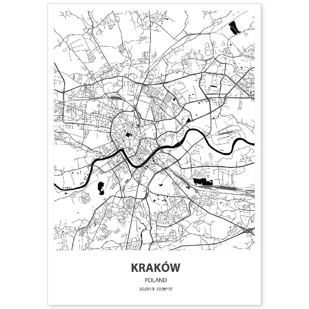 nacnic Lámina de Mapa de Krakow Polonia en Color Negro