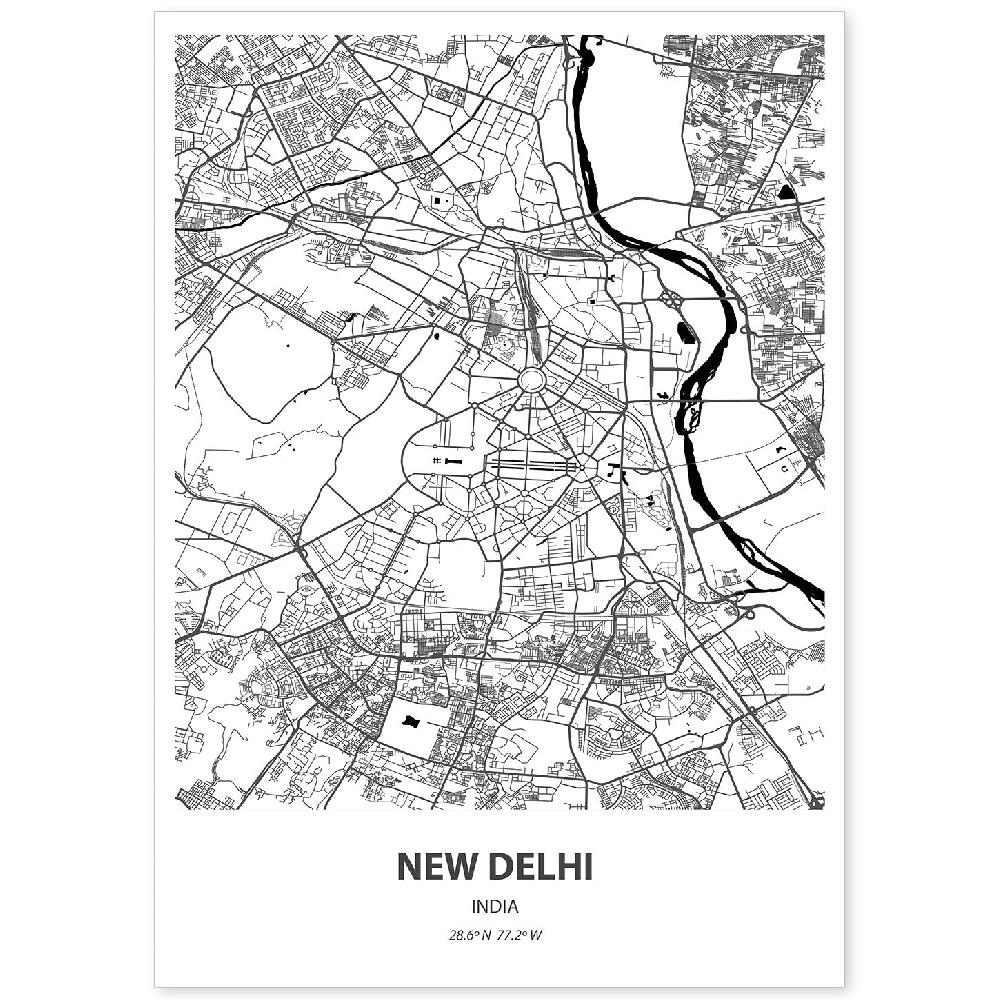 nacnic Lámina de mapa de New Delhi India en color negro