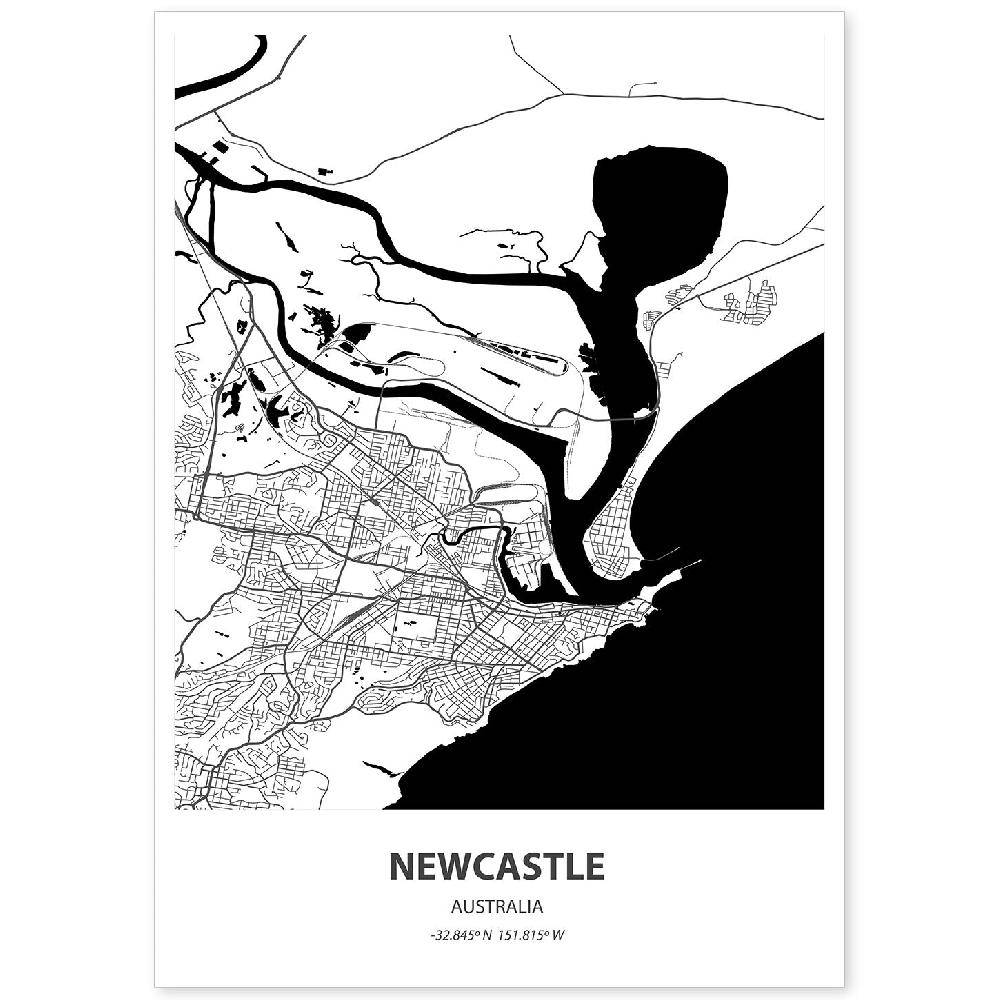 nacnic Lámina de Mapa de Newcastle Australia en Color Negro