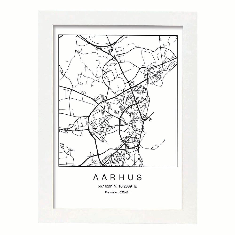 Nacnic Lámina De Mapa Estilo Nórdico De Aarhus En Blanco Y Negro