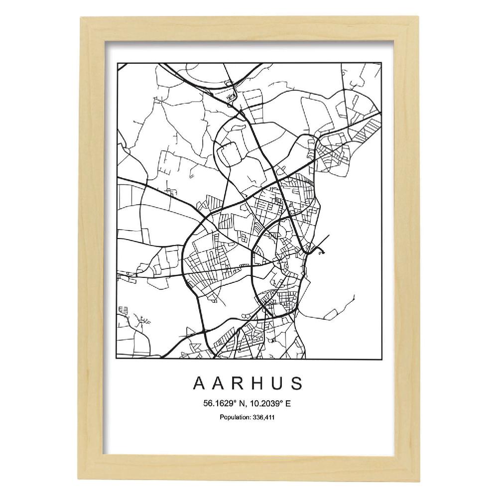 Nacnic Lámina De Mapa Estilo Nórdico De Aarhus En Blanco Y Negro