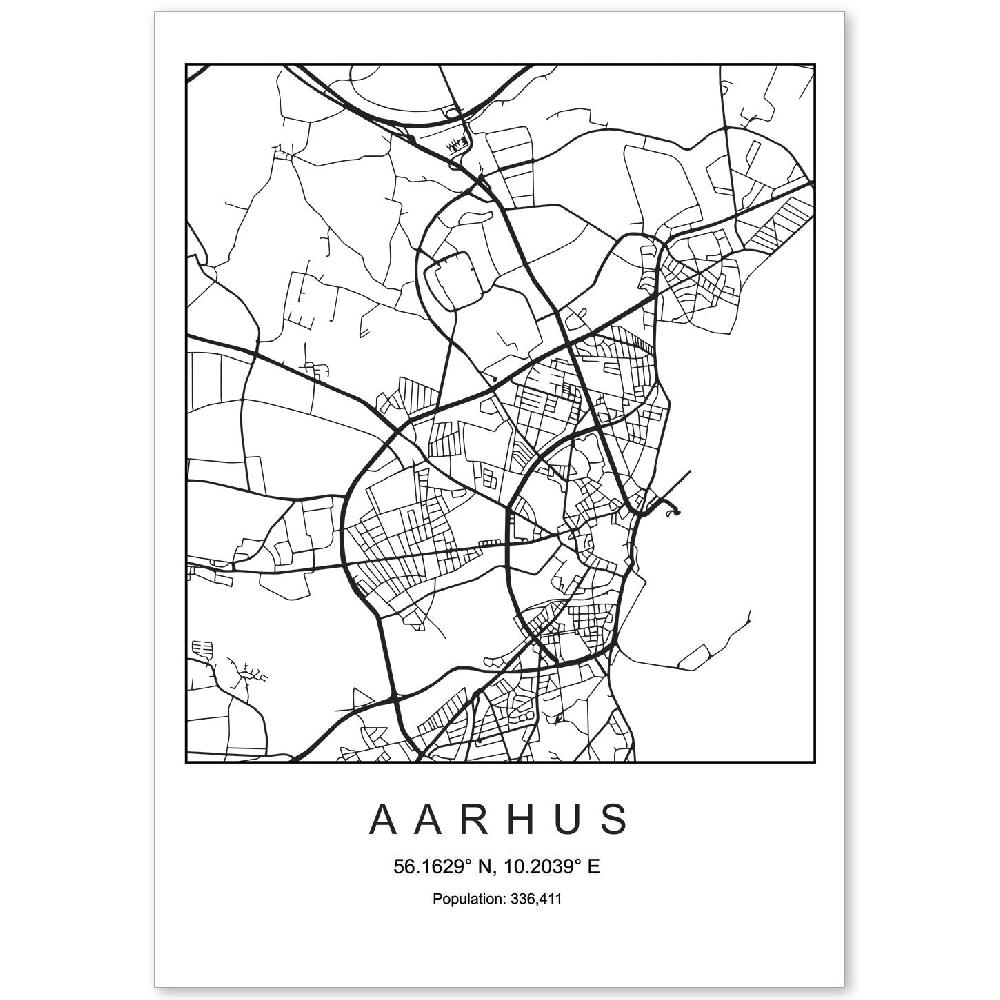 nacnic Lámina de mapa estilo nórdico de Aarhus en blanco y negro