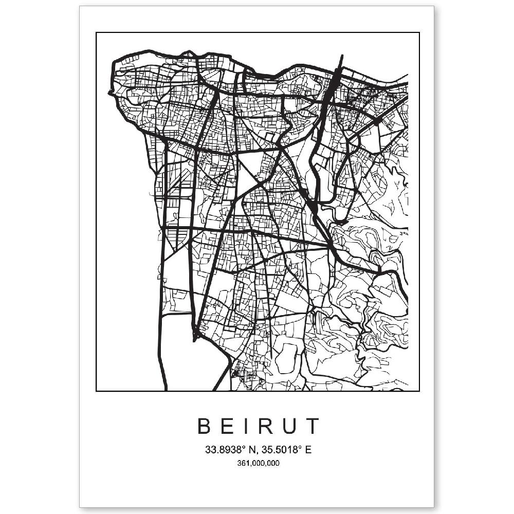 nacnic Lámina de Mapa Estilo Nórdico de Beirut en Blanco y Negro