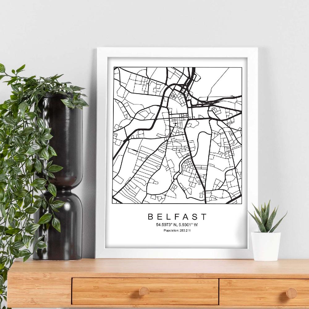 Nacnic Lámina De Mapa Estilo Nórdico De Belfast En Blanco Y Negro