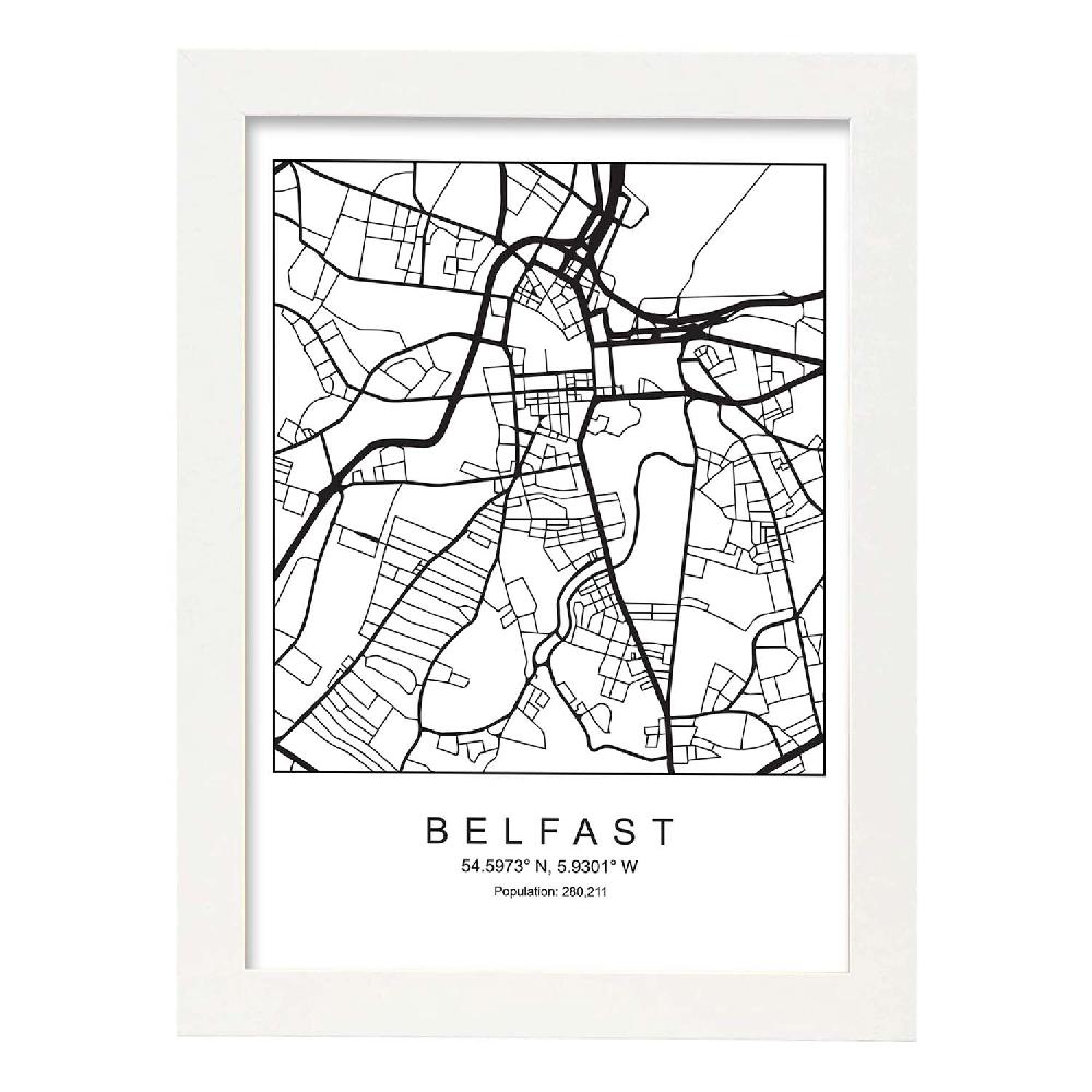 Nacnic Lámina De Mapa Estilo Nórdico De Belfast En Blanco Y Negro