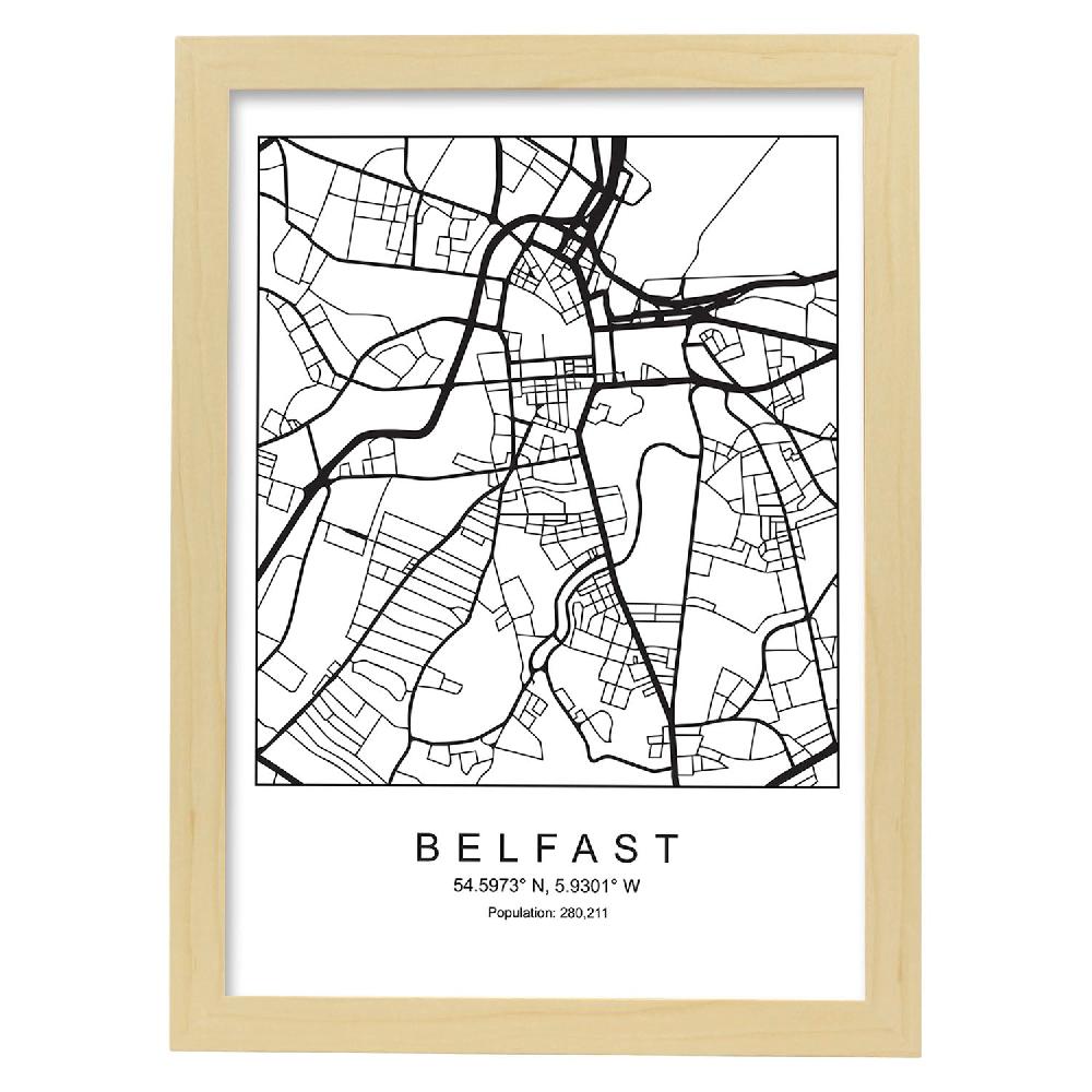 Nacnic Lámina De Mapa Estilo Nórdico De Belfast En Blanco Y Negro