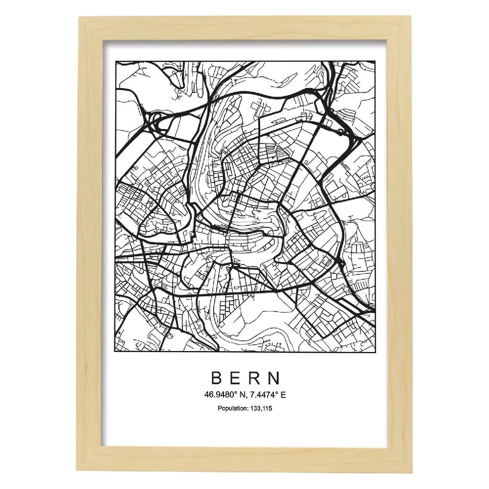 Nacnic Lámina De Mapa Estilo Nórdico De Bern En Blanco Y Negro