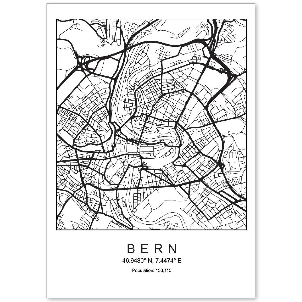 nacnic Lámina de mapa estilo nórdico de Bern en blanco y negro