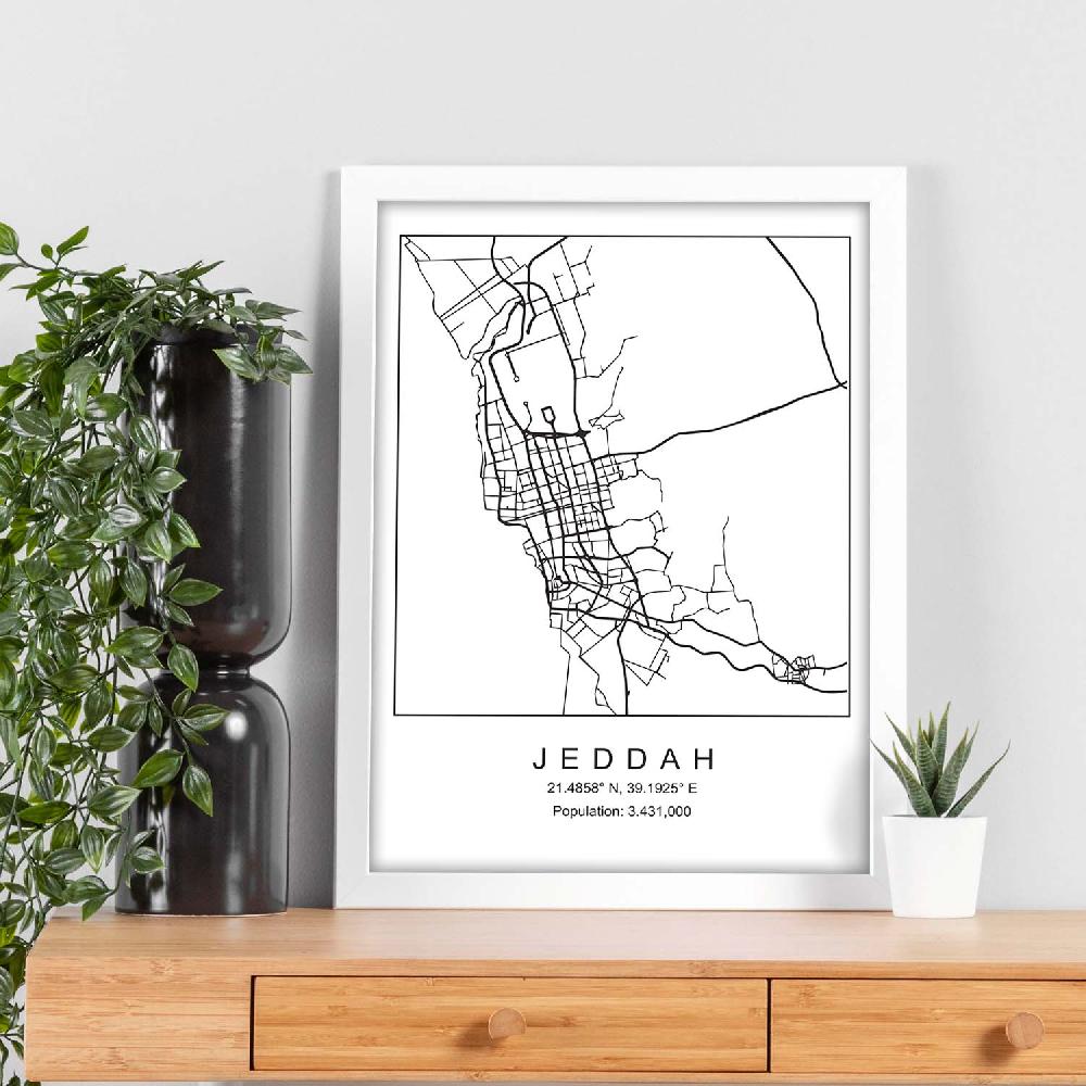 Nacnic Lámina De Mapa Estilo Nórdico De Jeddah En Blanco Y Negro