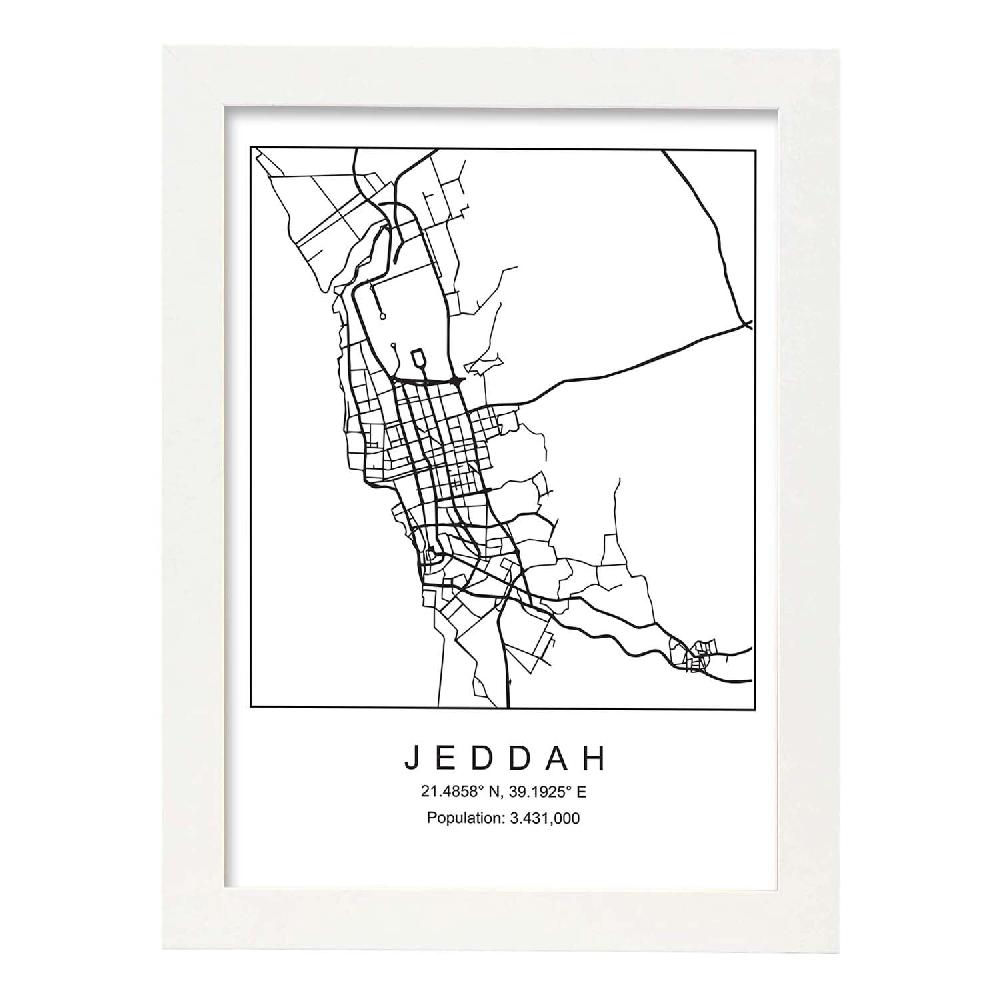 Nacnic Lámina De Mapa Estilo Nórdico De Jeddah En Blanco Y Negro