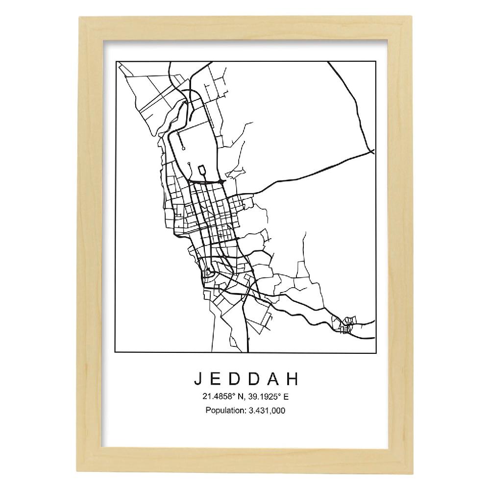 Nacnic Lámina De Mapa Estilo Nórdico De Jeddah En Blanco Y Negro