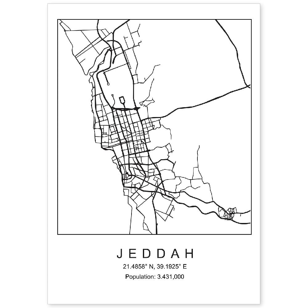 nacnic Lámina de mapa estilo nórdico de Jeddah en blanco y negro