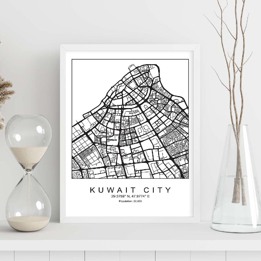 Nacnic Lámina De Mapa Estilo Nórdico De Kuwait City En Blanco Y Negro