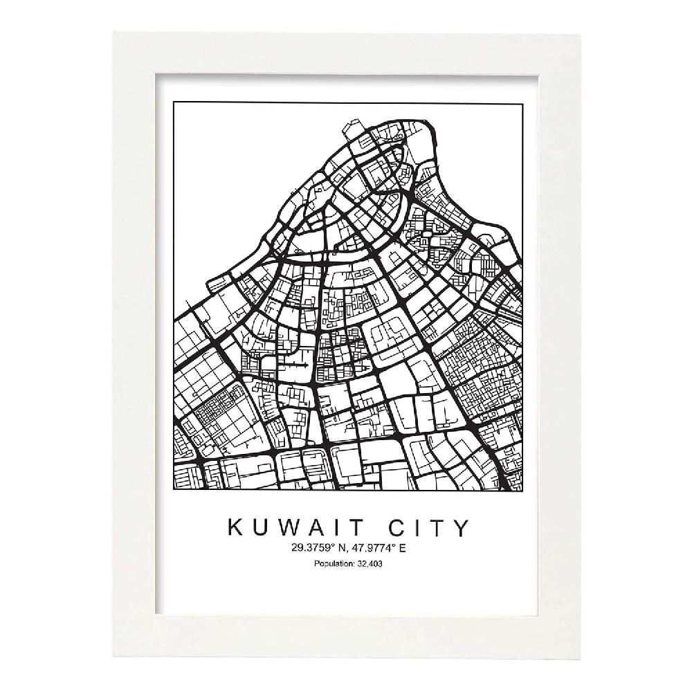 Nacnic Lámina De Mapa Estilo Nórdico De Kuwait City En Blanco Y Negro