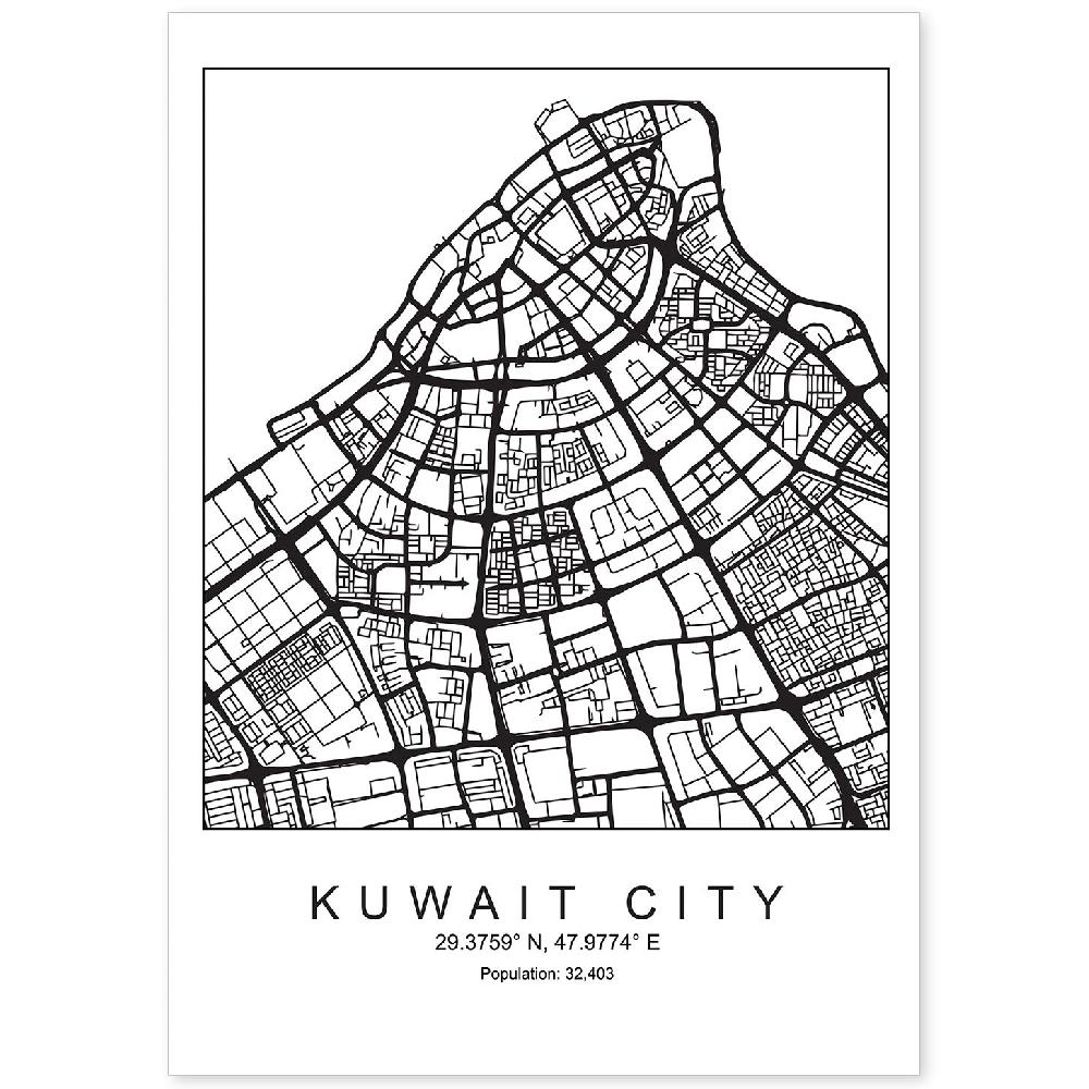 nacnic Lámina de mapa estilo nórdico de Kuwait city en blanco y negro