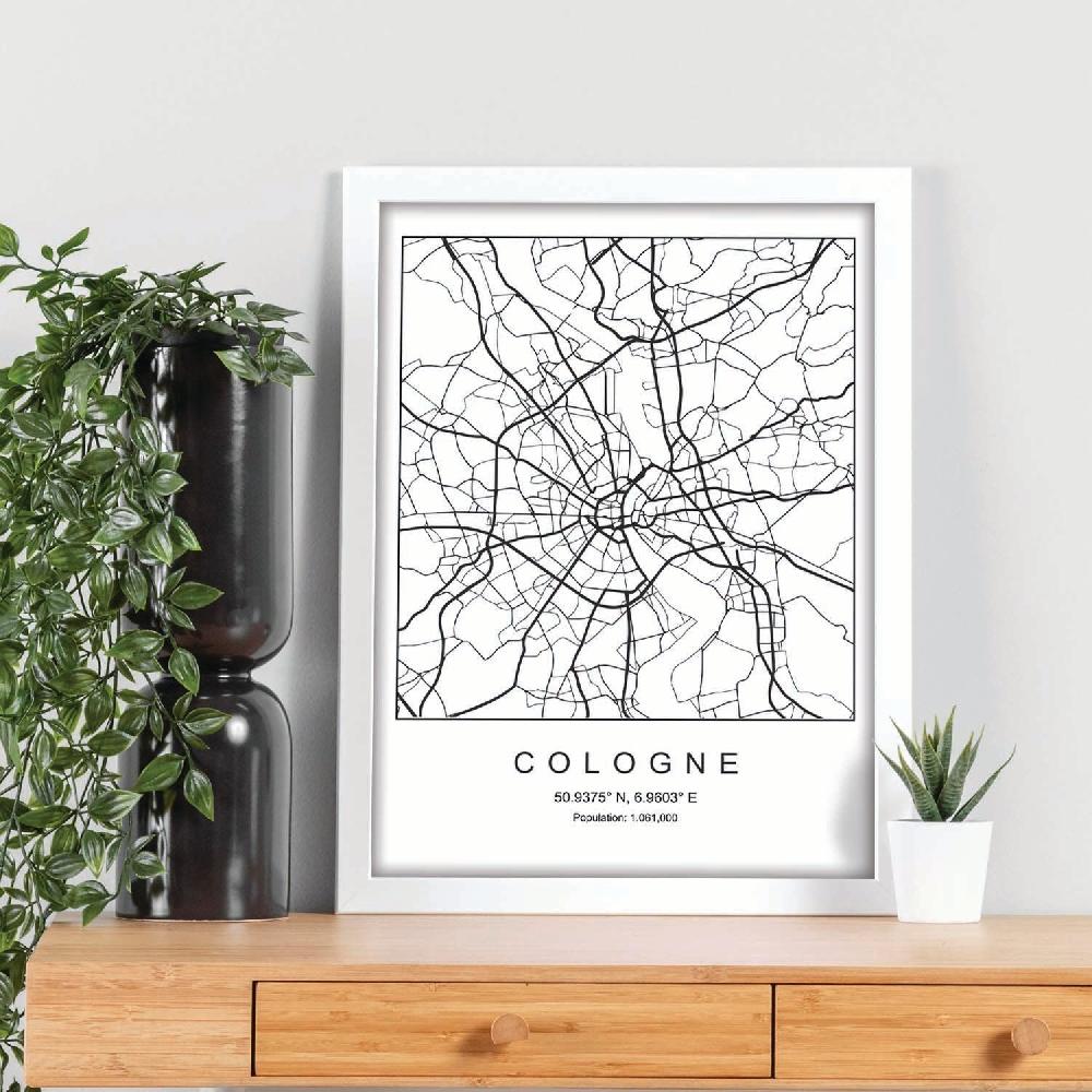 Nacnic Lámina De Mapa Estilo Nordico De La Ciudad De Cologne En Blanco Y Negro