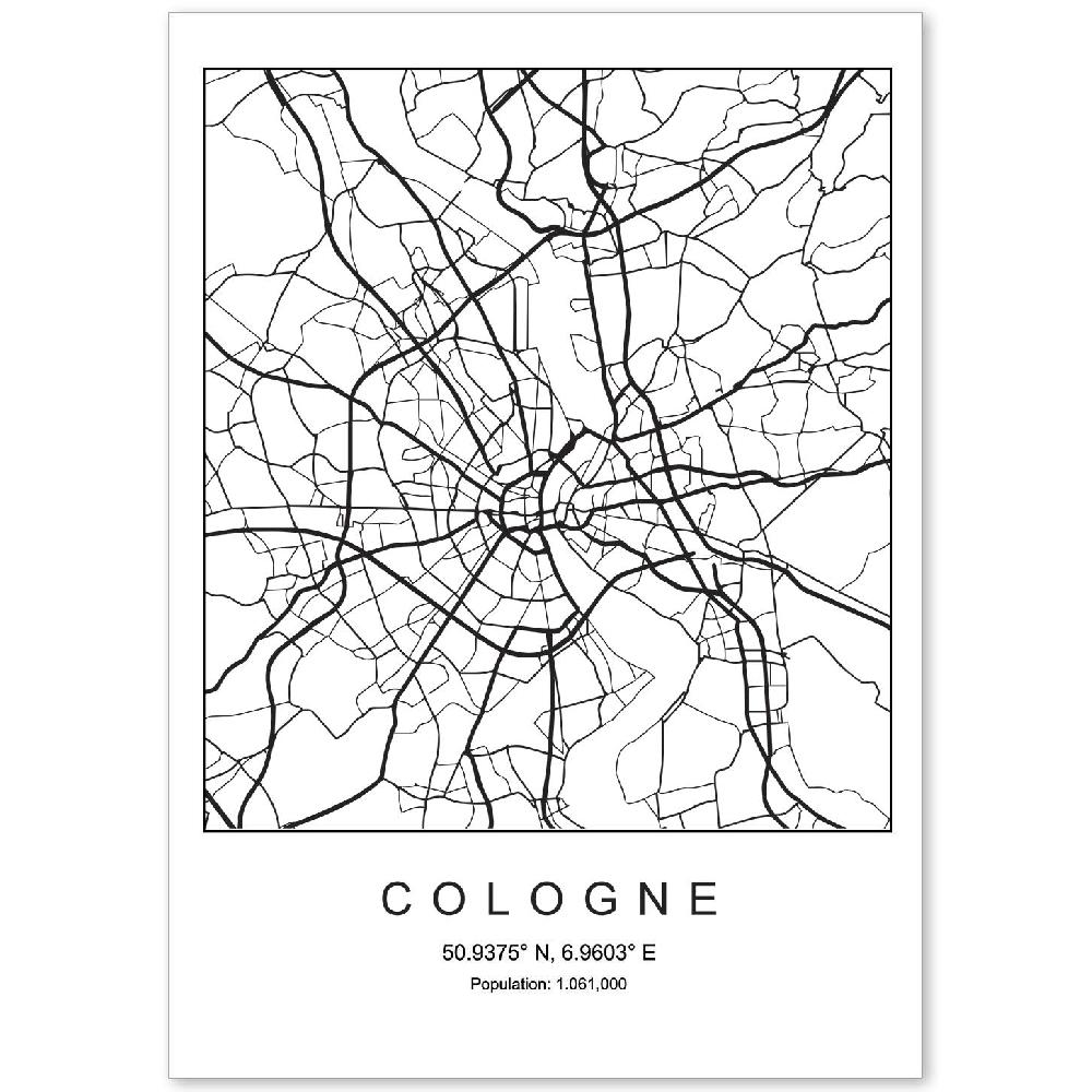 nacnic Lámina de mapa estilo nordico de la ciudad de Cologne en blanco y negro