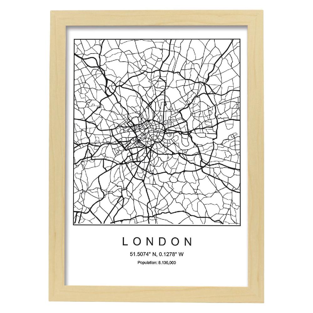 Nacnic Lámina De Mapa Estilo Nórdico De Londres En Blanco Y Negro