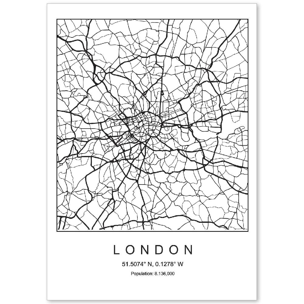 nacnic Lámina de mapa estilo nórdico de Londres en blanco y negro