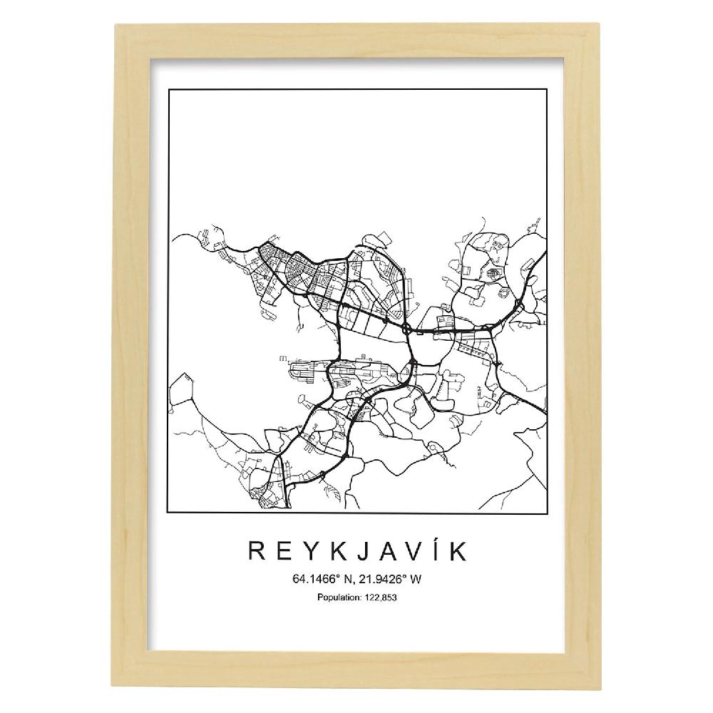 Nacnic Lámina De Mapa Estilo Nordico De Reykjavik En Blanco Y Negro