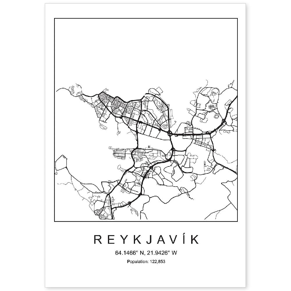 nacnic Lámina de mapa estilo nordico de Reykjavik en blanco y negro