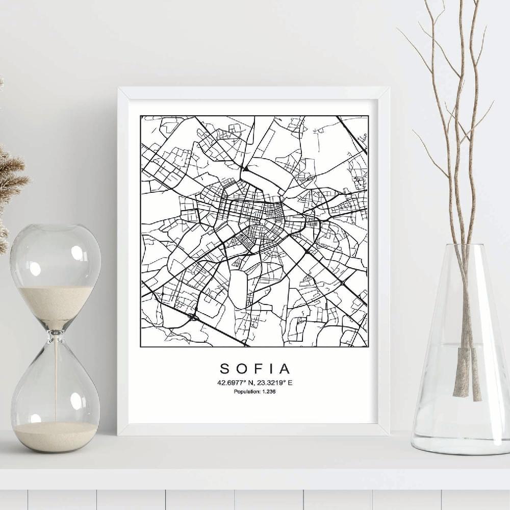 Nacnic Lámina De Mapa Estilo Nórdico De Sofia En Blanco Y Negro