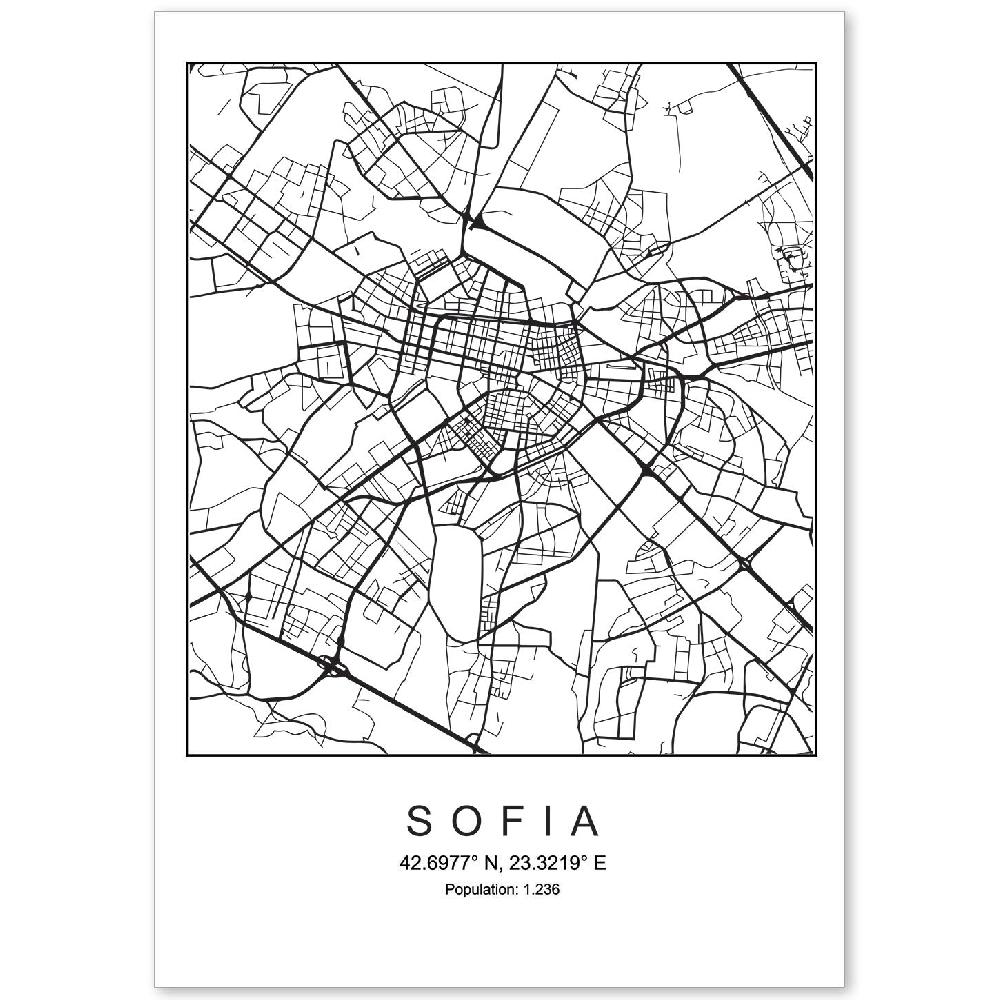 nacnic Lámina de mapa estilo nórdico de Sofia en blanco y negro
