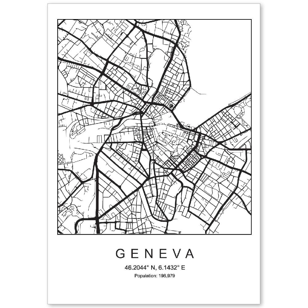 nacnic Lámina de mapa nordico de Geneva en blanco y negro