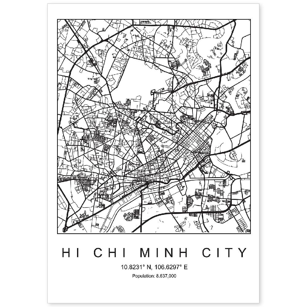 nacnic Lámina de mapa nordico Hi Chi Minh en blanco y negro