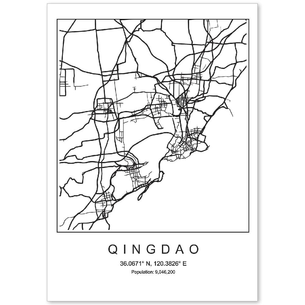 nacnic Lámina de mapa nordico Qingdao en blanco y negro