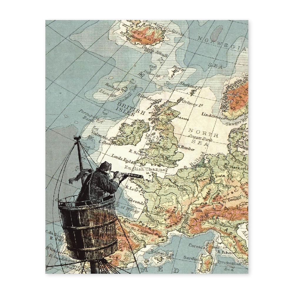 nacnic Lámina de Marinero con Catalejo y Mapas Vintage