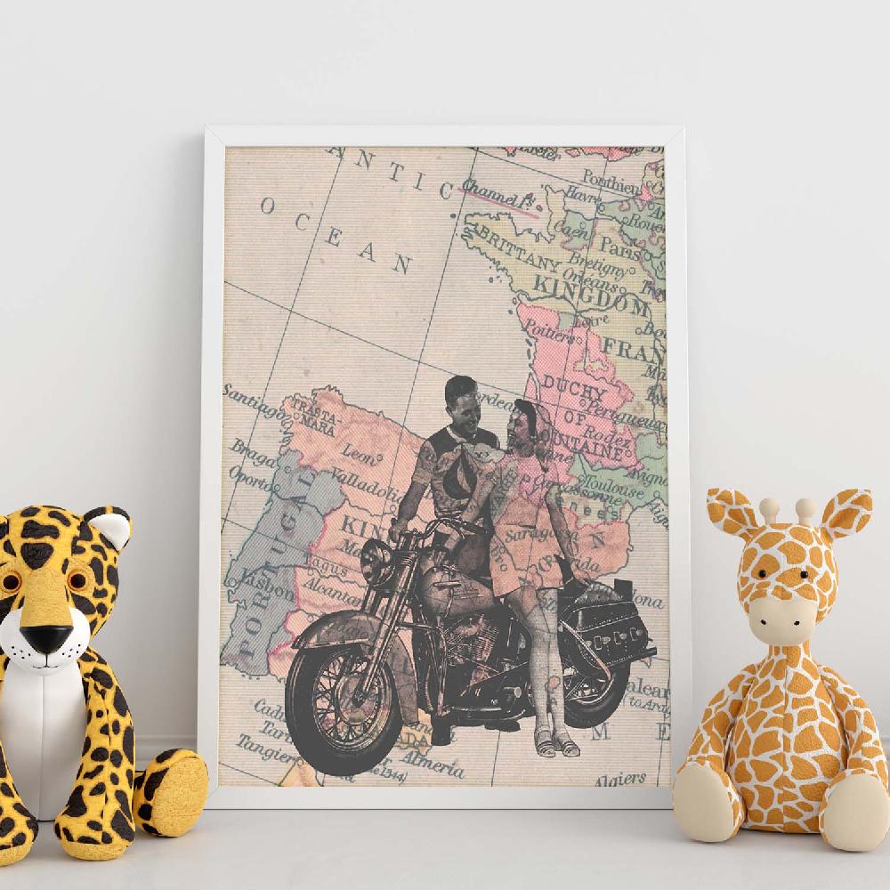 Nacnic Lámina De Pareja En Moto En Mapa De España Vintage
