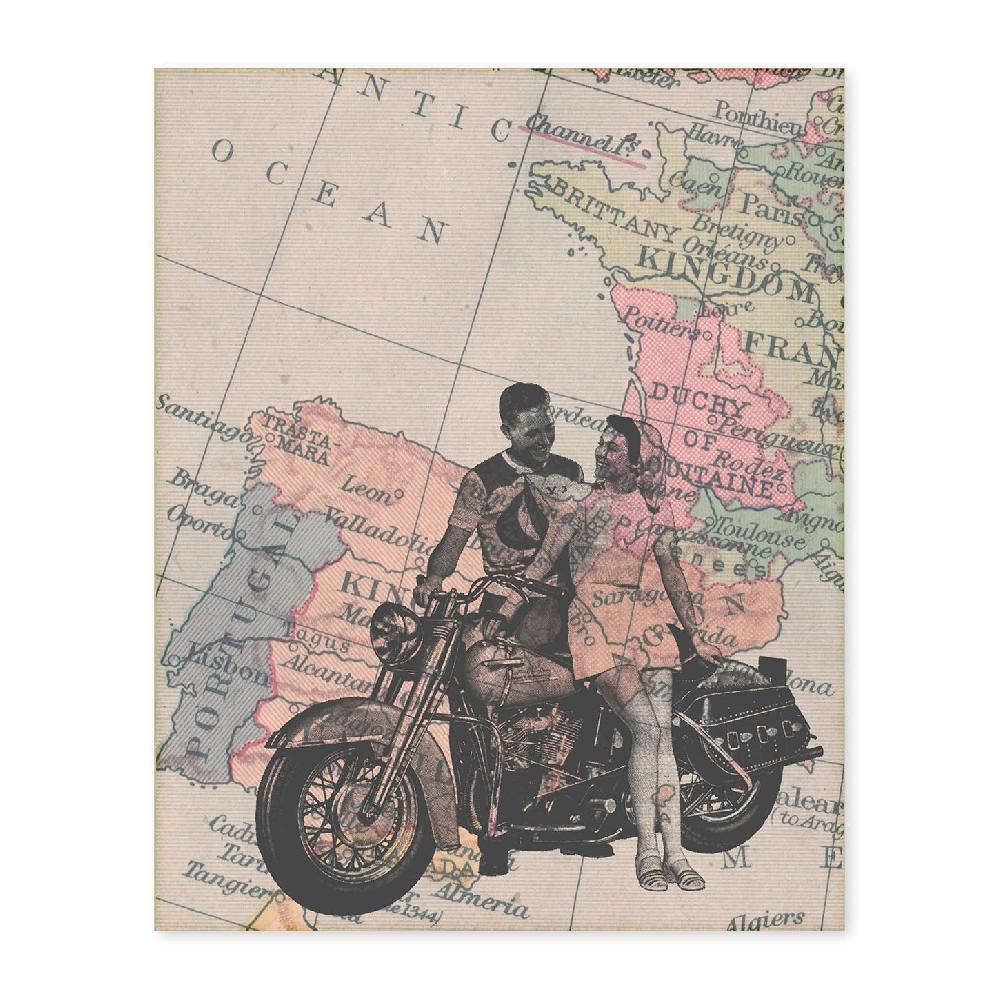 nacnic Lámina de Pareja en Moto en Mapa de España Vintage