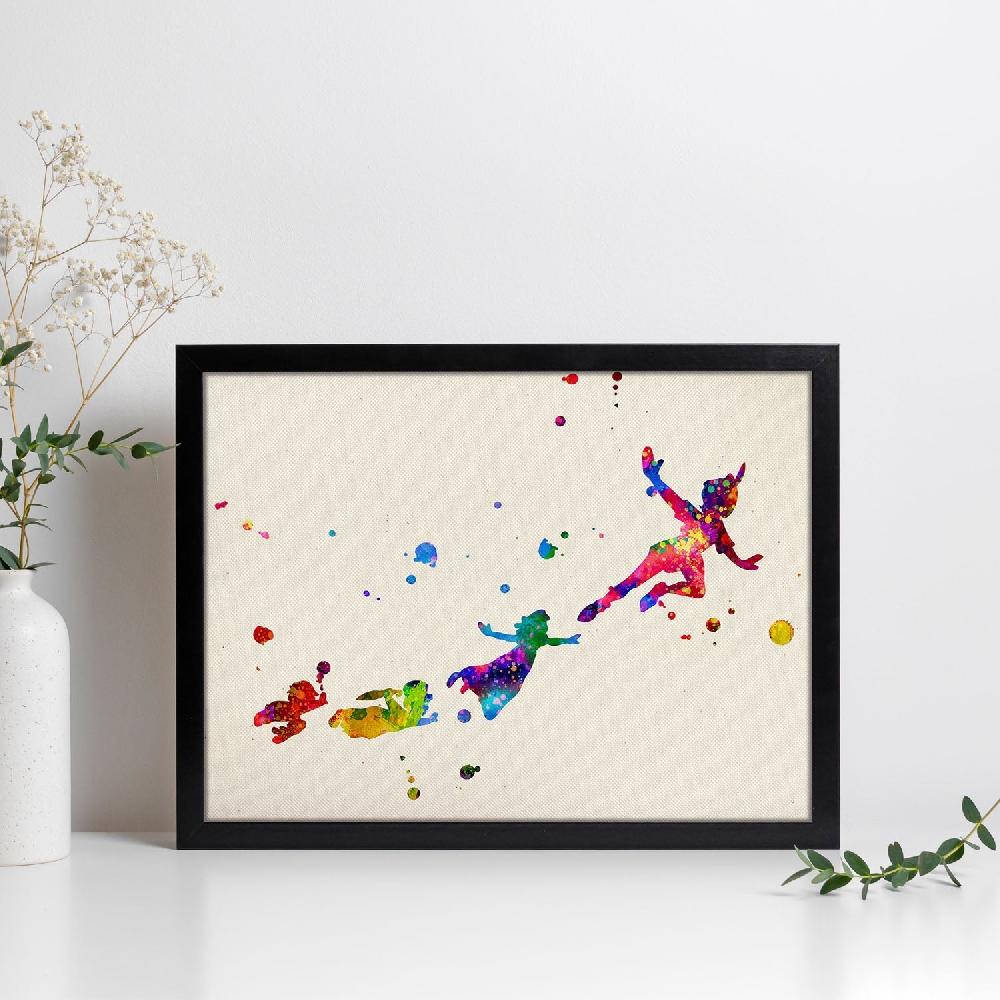 nacnic Lámina de Peter Pan volando con amigos en acuarela