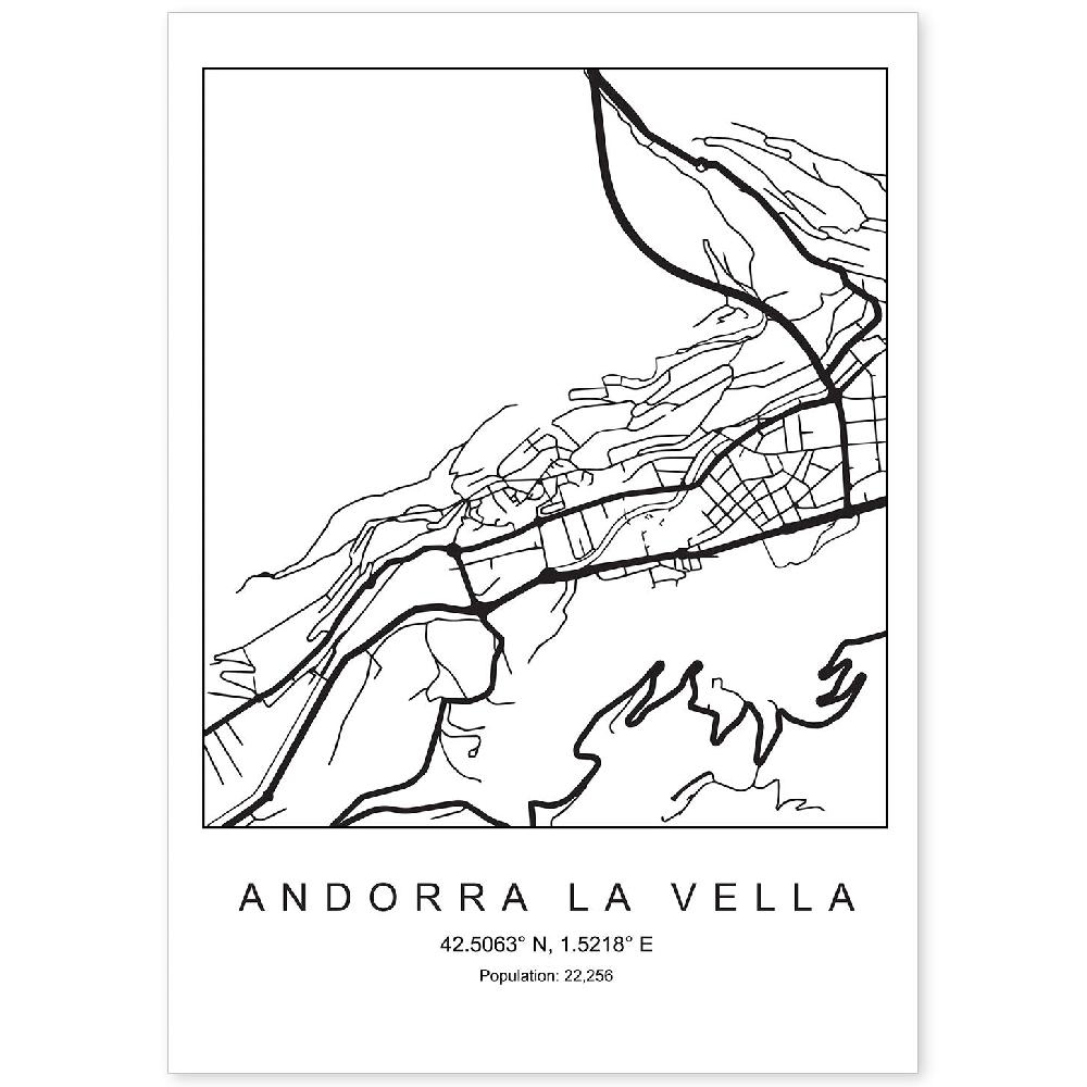 nacnic Lámina estilo nórdico de Andorra la Vella en blanco y negro