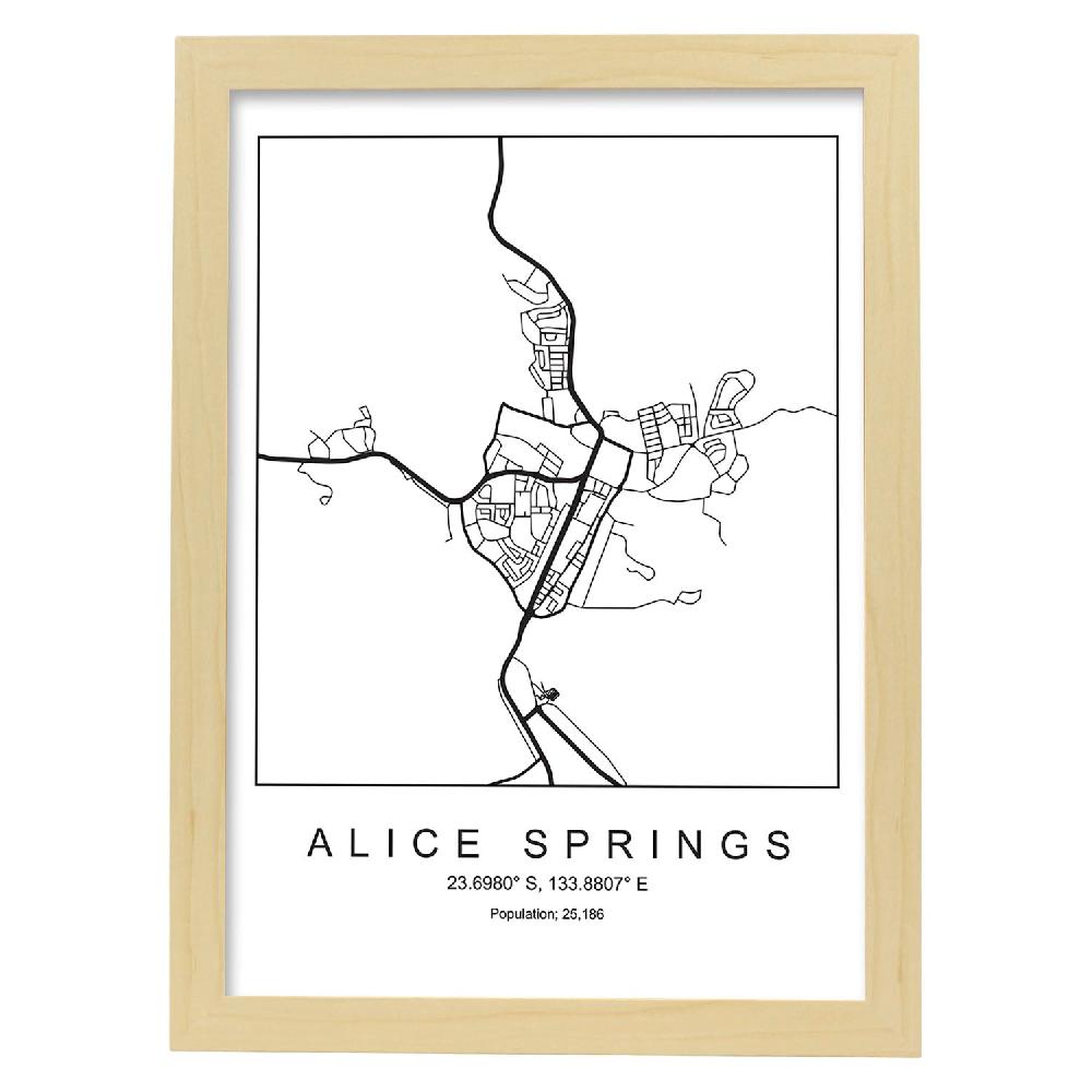 Nacnic Lámina Estilo Nórdico De Mapa Alice Springs En Blanco Y Negro