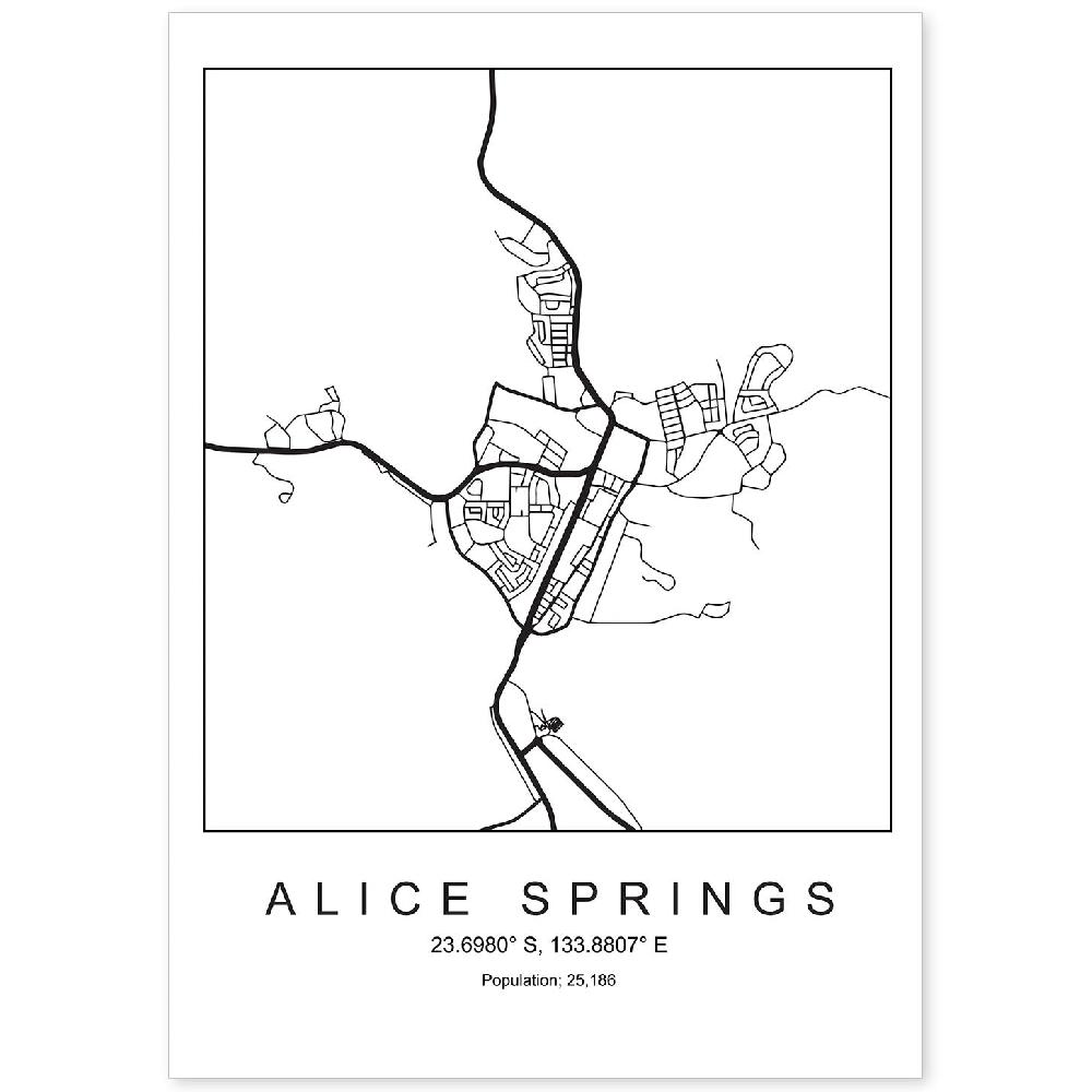 nacnic Lámina estilo nórdico de mapa Alice Springs en blanco y negro