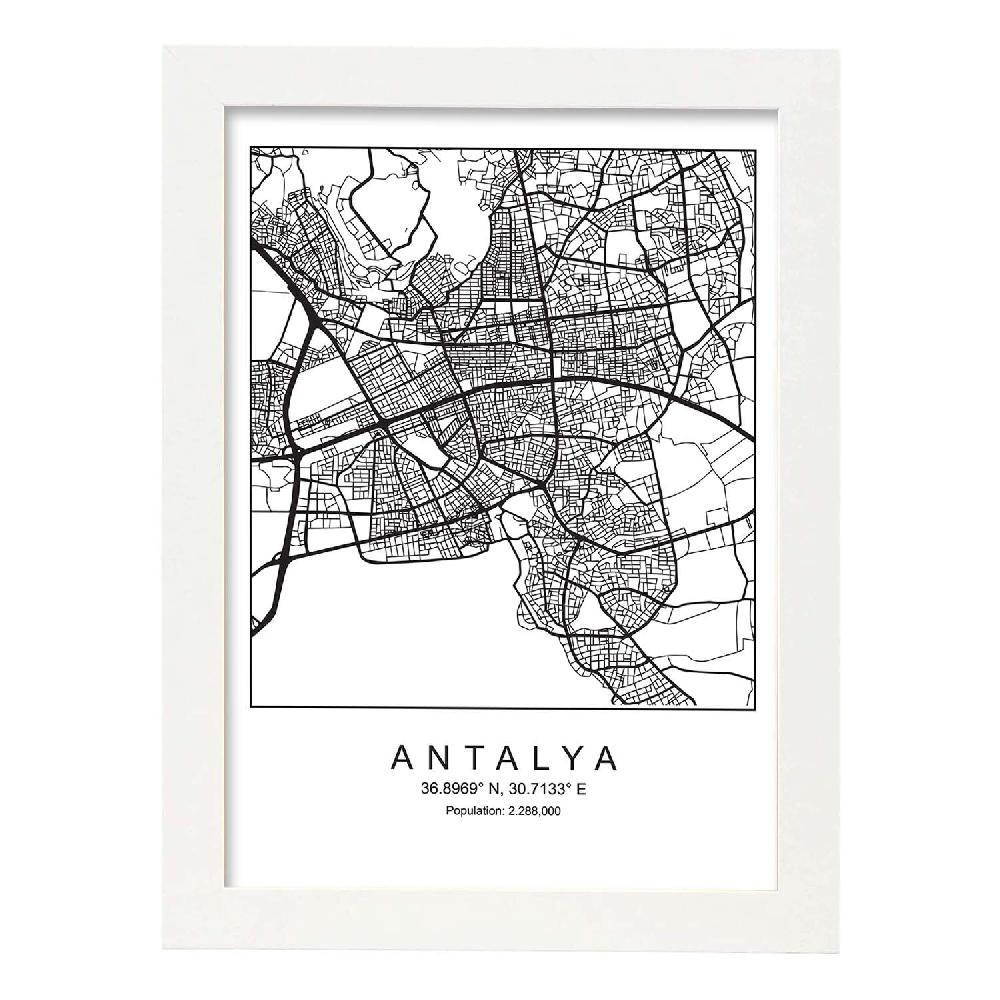 Nacnic Lámina Estilo Nórdico De Mapa Antalya En Blanco Y Negro