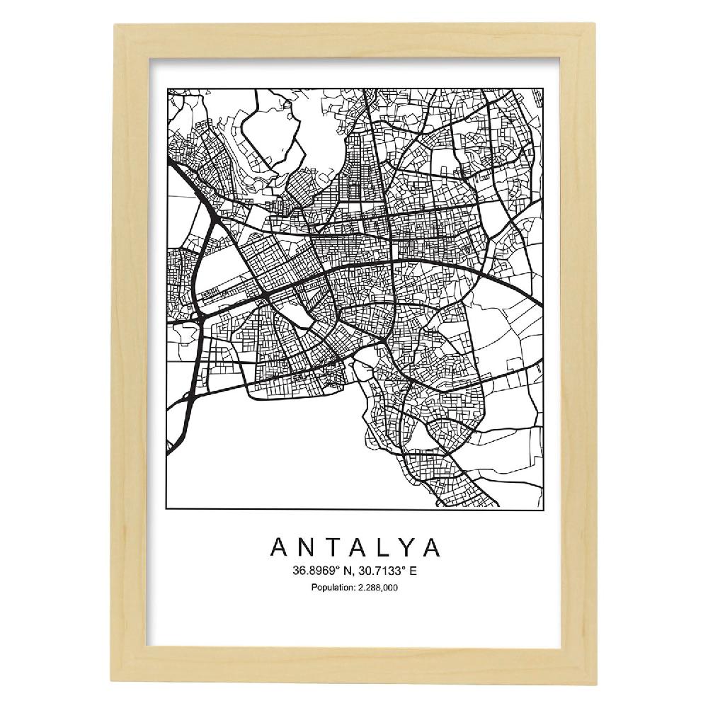 Nacnic Lámina Estilo Nórdico De Mapa Antalya En Blanco Y Negro