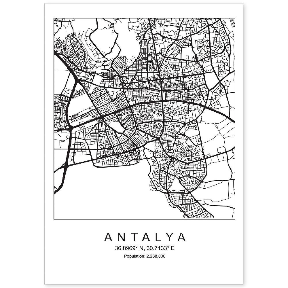 nacnic Lámina estilo nórdico de mapa Antalya en blanco y negro