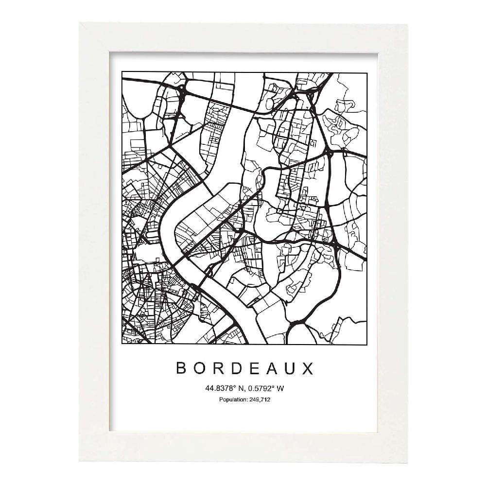 Nacnic Lámina Estilo Nórdico De Mapa Bordeaux En Blanco Y Negro