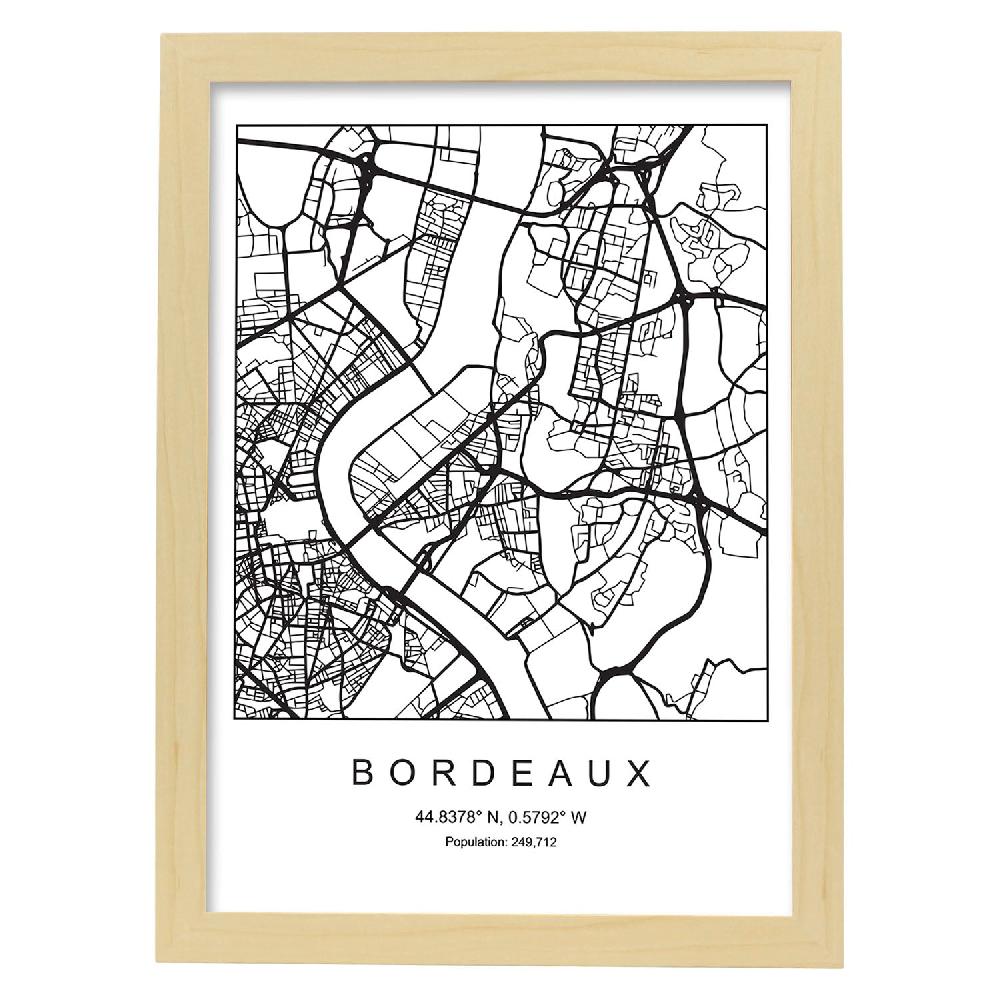 Nacnic Lámina Estilo Nórdico De Mapa Bordeaux En Blanco Y Negro