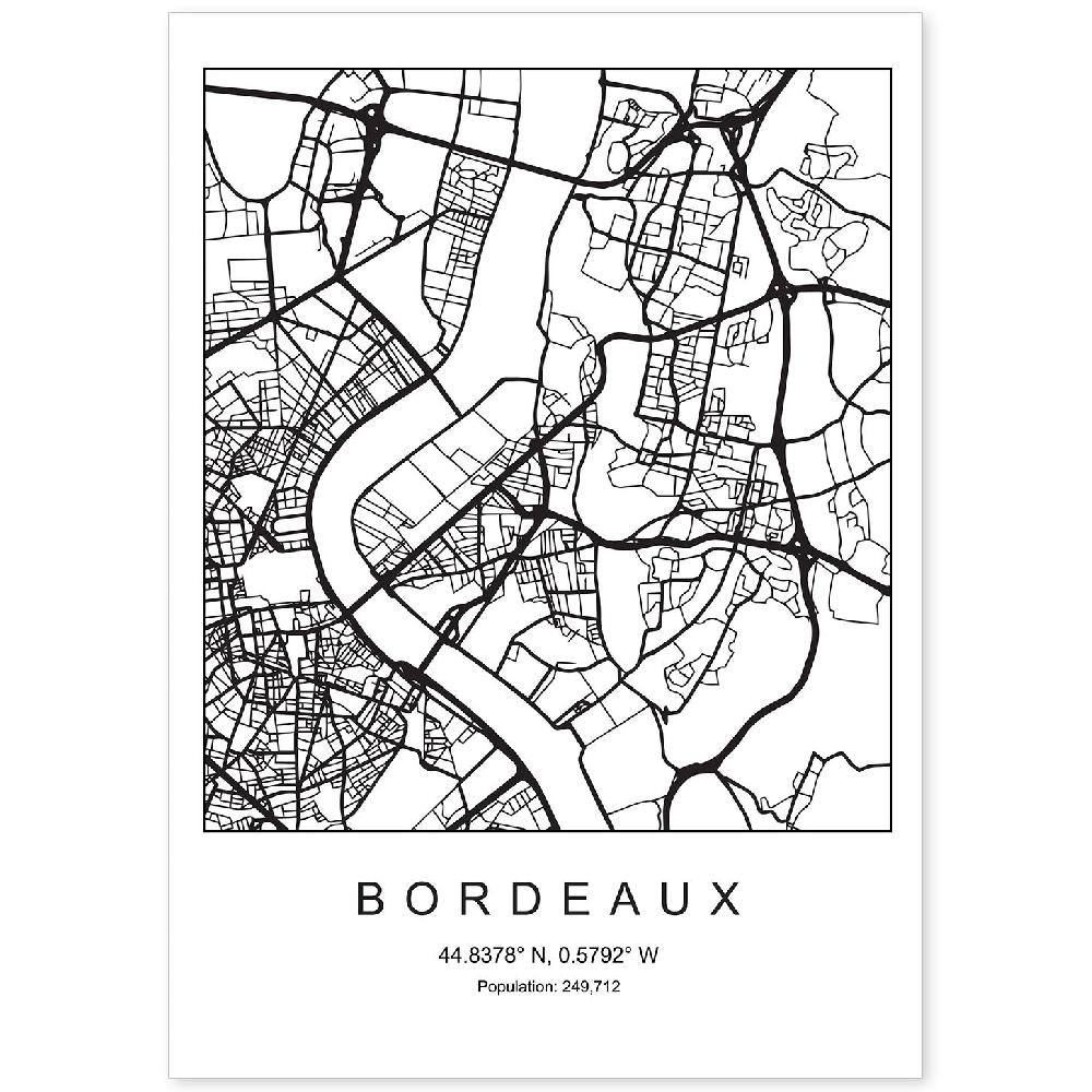 nacnic Lámina estilo nórdico de mapa Bordeaux en blanco y negro