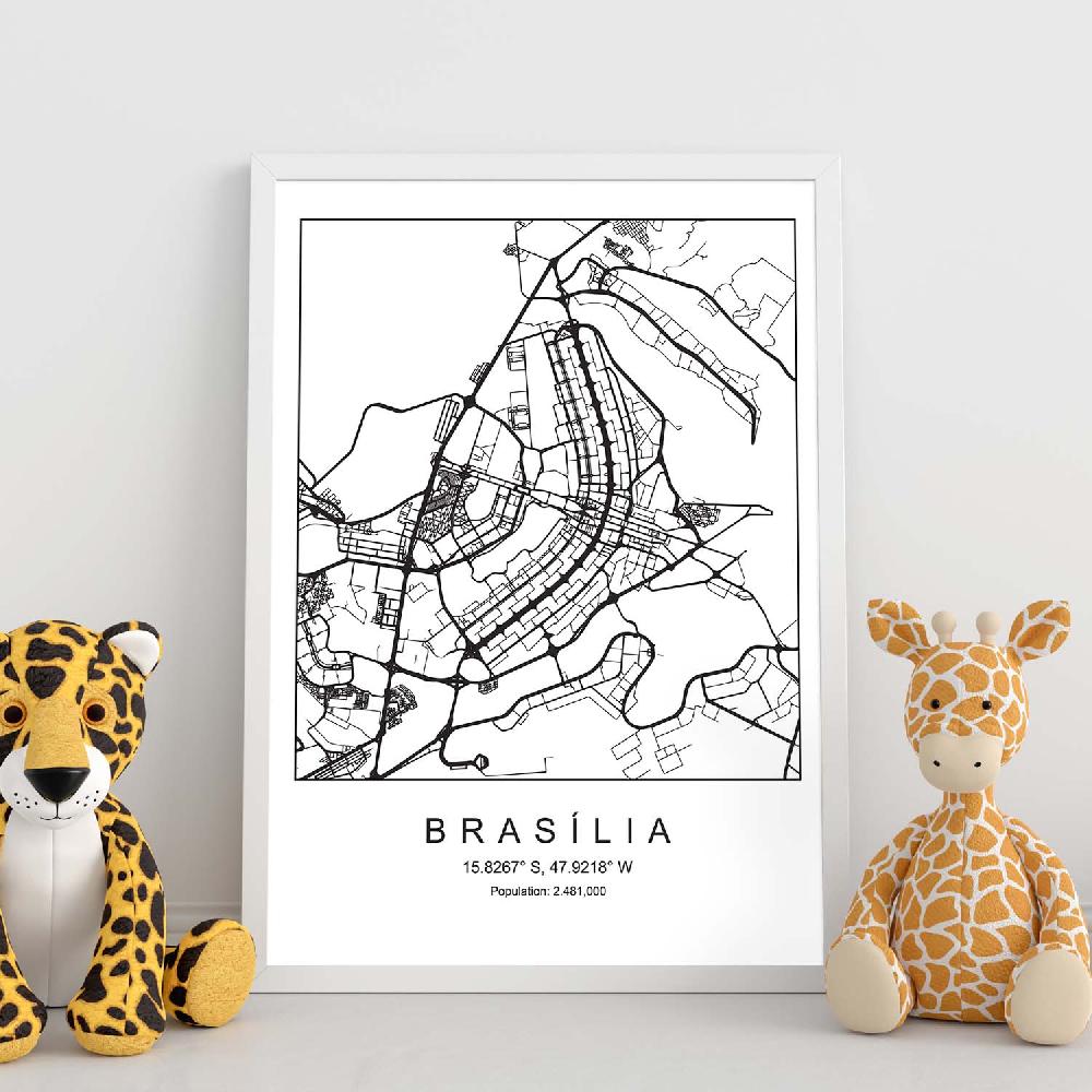 Nacnic Lámina Estilo Nórdico De Mapa Brasilia En Blanco Y Negro