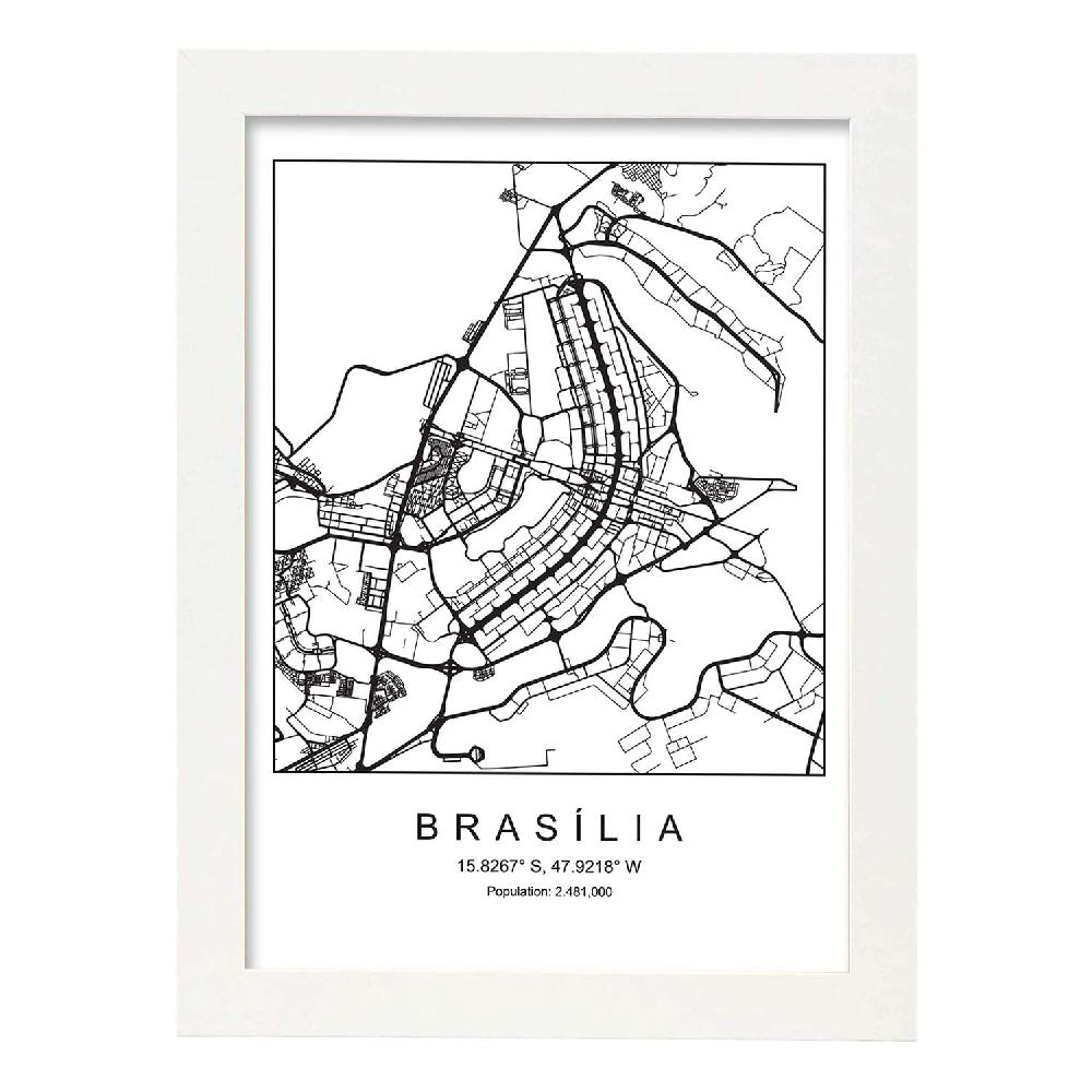 Nacnic Lámina Estilo Nórdico De Mapa Brasilia En Blanco Y Negro