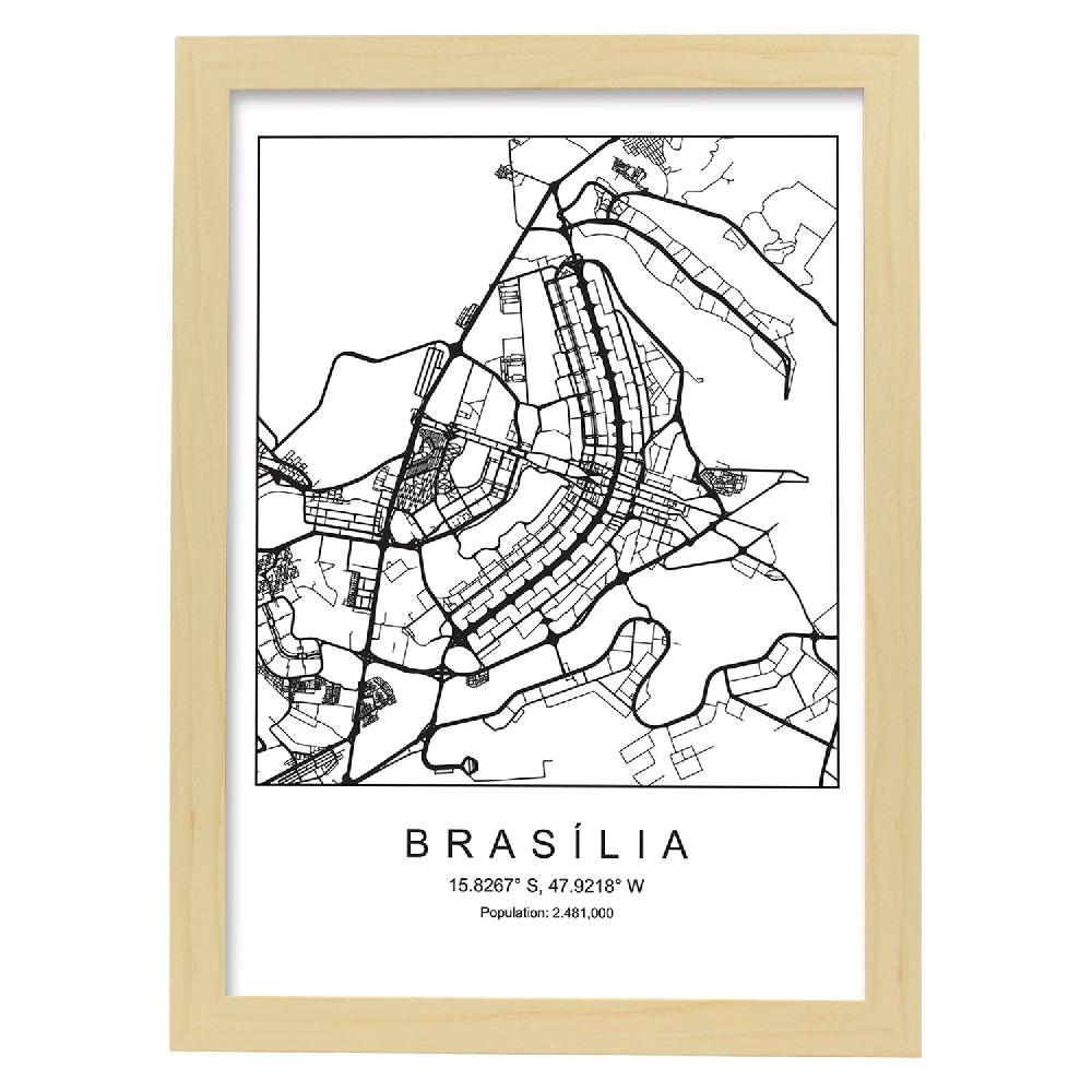 Nacnic Lámina Estilo Nórdico De Mapa Brasilia En Blanco Y Negro