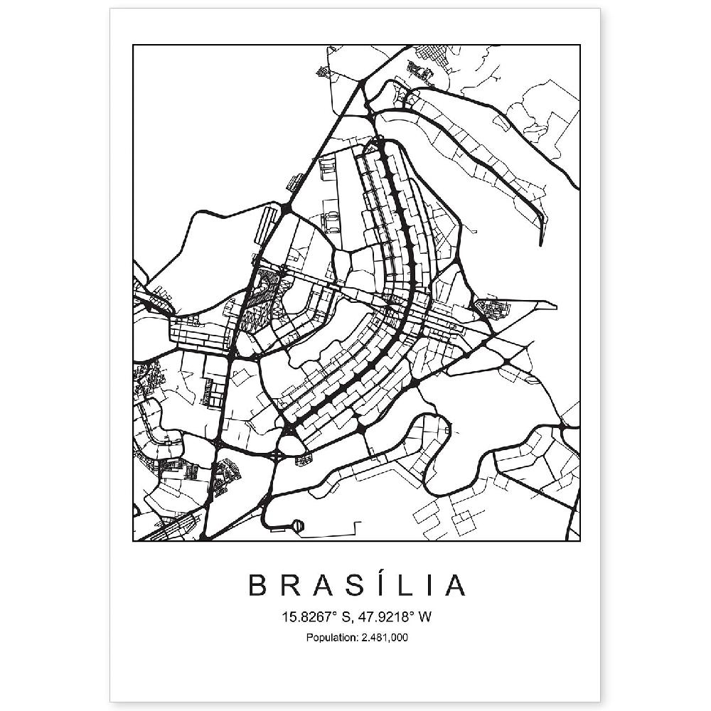 nacnic Lámina estilo nórdico de mapa Brasilia en blanco y negro