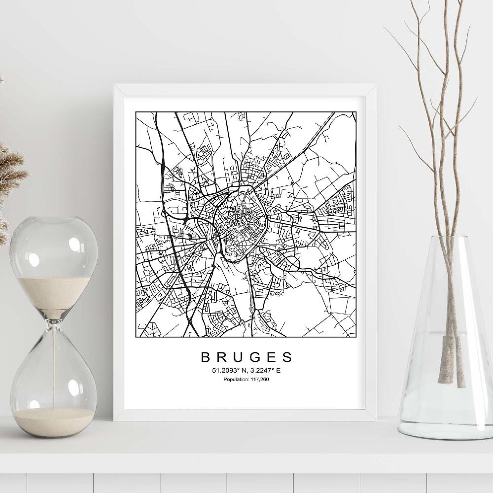 Nacnic Lámina Estilo Nórdico De Mapa Bruges En Blanco Y Negro