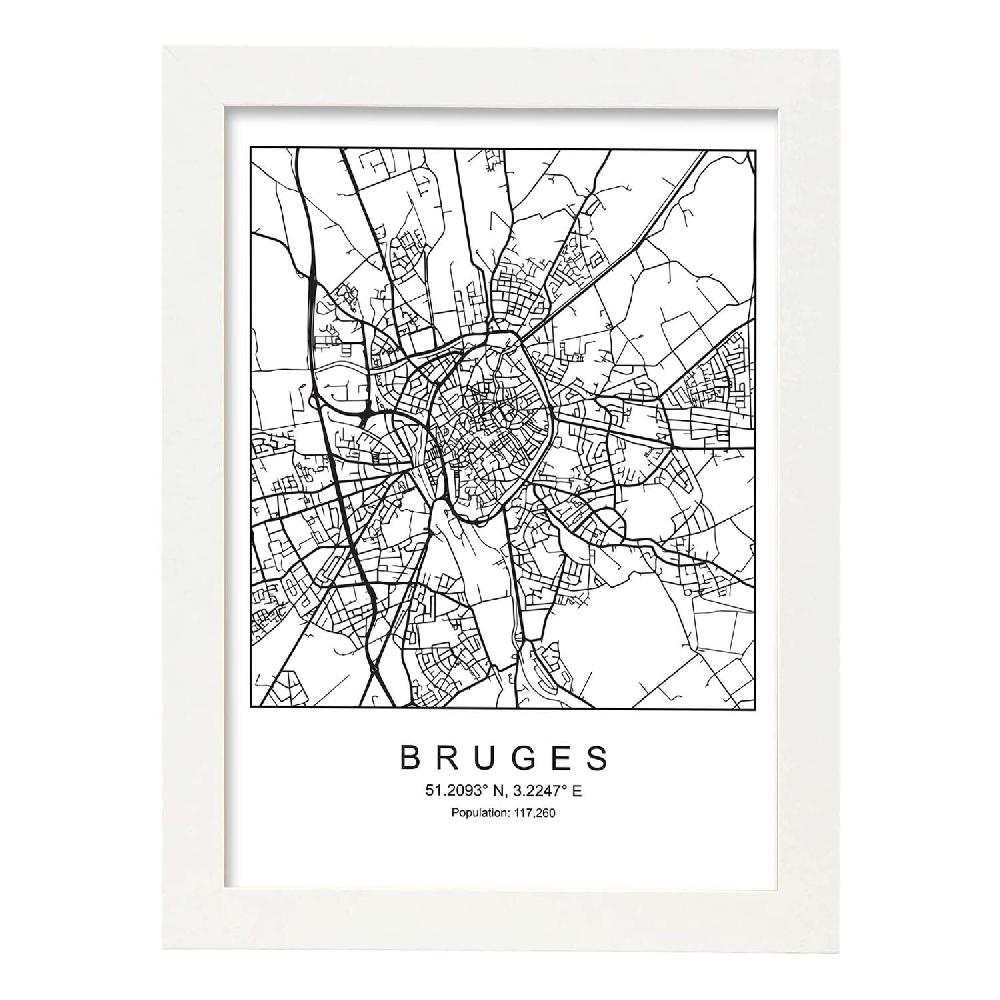 Nacnic Lámina Estilo Nórdico De Mapa Bruges En Blanco Y Negro